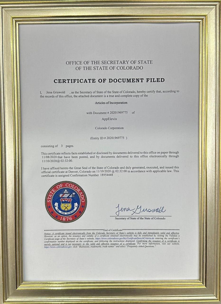 AppElevix certificate of document filed