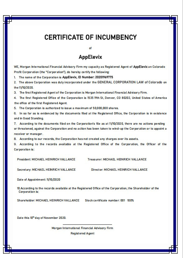 AppElevix certificate of incumbency